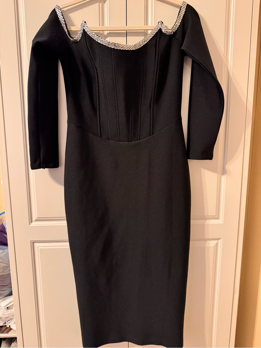 NWT Fashion Nova Black Off-Shoulder Midi Bandage Dress with Rhinestone Trim